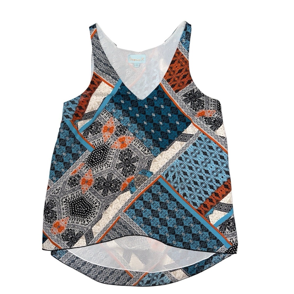 Veronica M Sleeveless Patchwork V‑Neck Top Small Blue‎ Orange Boho Non‑Stretch